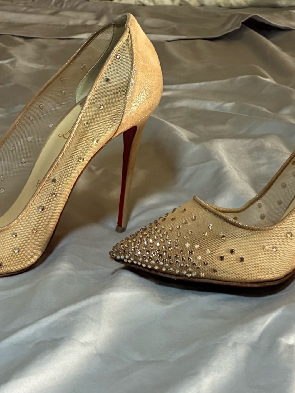 Christian Louboutin Nude Mesh Crystal Pointed-Toe Pumps